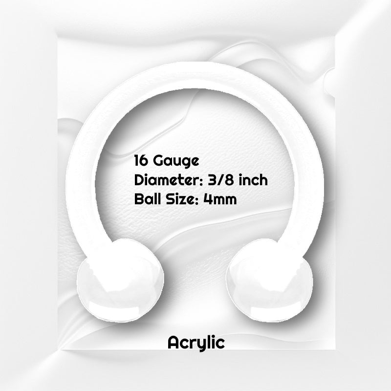 An acrylic white septum ring pictured against a white wavy background and text showing the size of the jewelry in black.