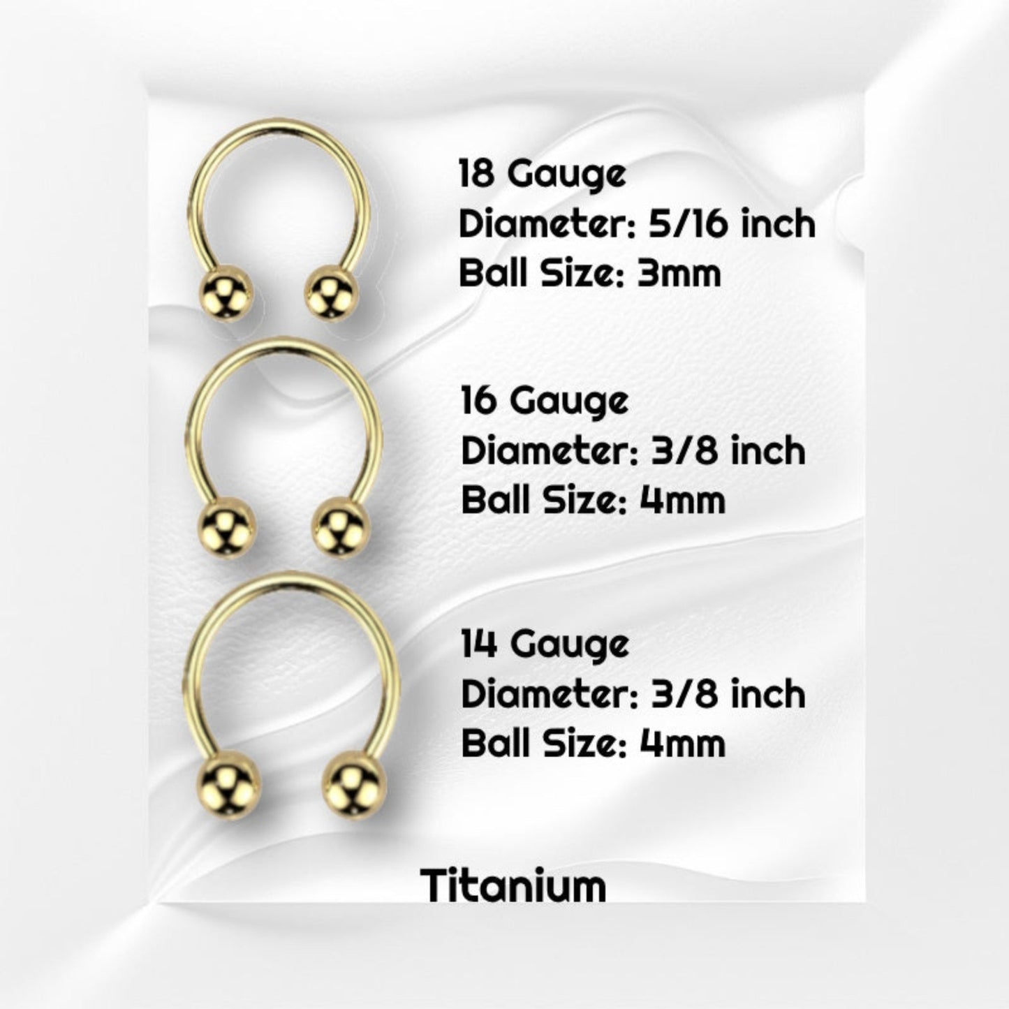 Three gold titanium horseshoe septum rings are pictured on a white background, showing gauge, diameter, and ball size information.
