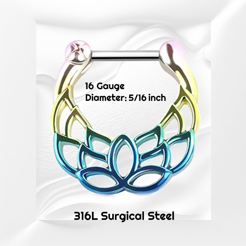 A rainbow lotus septum ring pictured against a white wavy background with black text stating the size of this rainbow septum clicker.