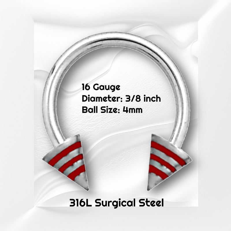 A red stripe spike septum horseshoe pictured on a white wavy background with black text stating the size of this piece of septum jewelry.
