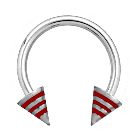 A red stripe spike septum horseshoe with a spike featuring three red stripes on each end pictured against a white background.