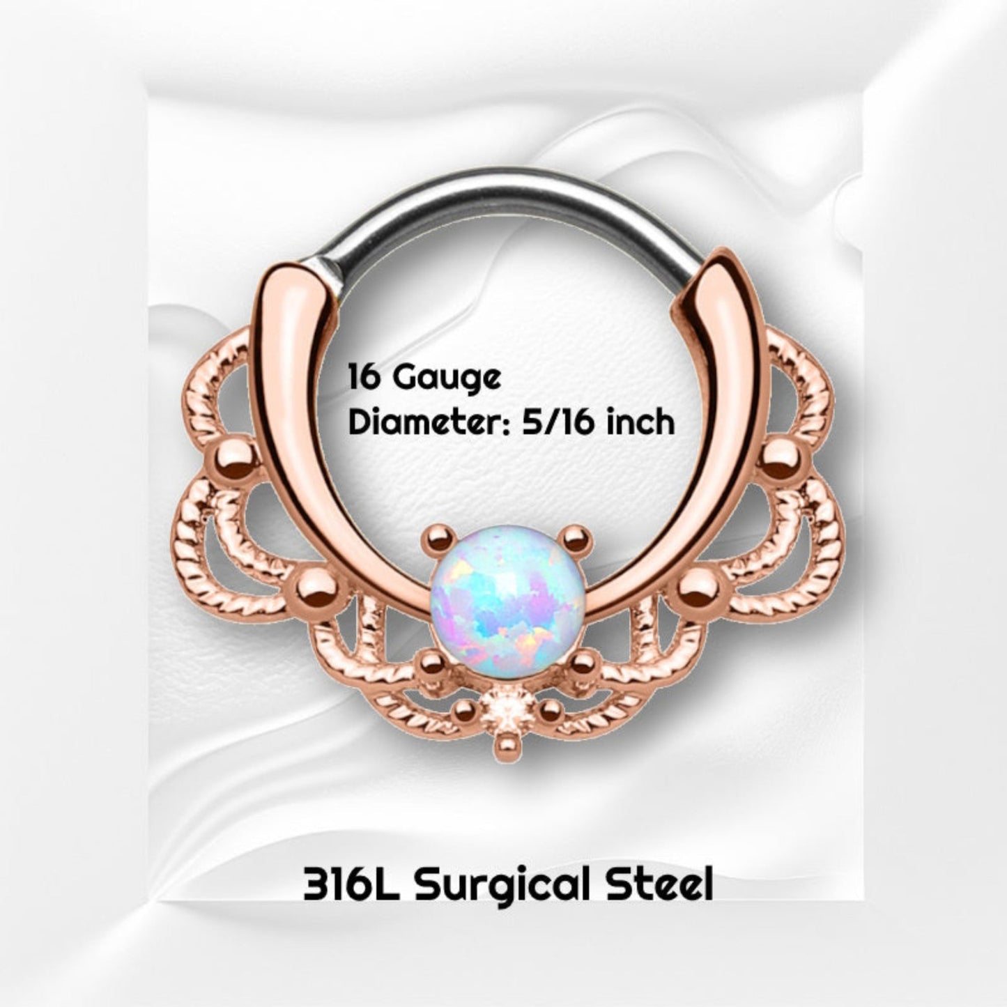 Rose Gold Filigree Opal Septum Clicker 16 Gauge 316L Surgical Steel with the measurements shown and pictured on a gray wavy background.