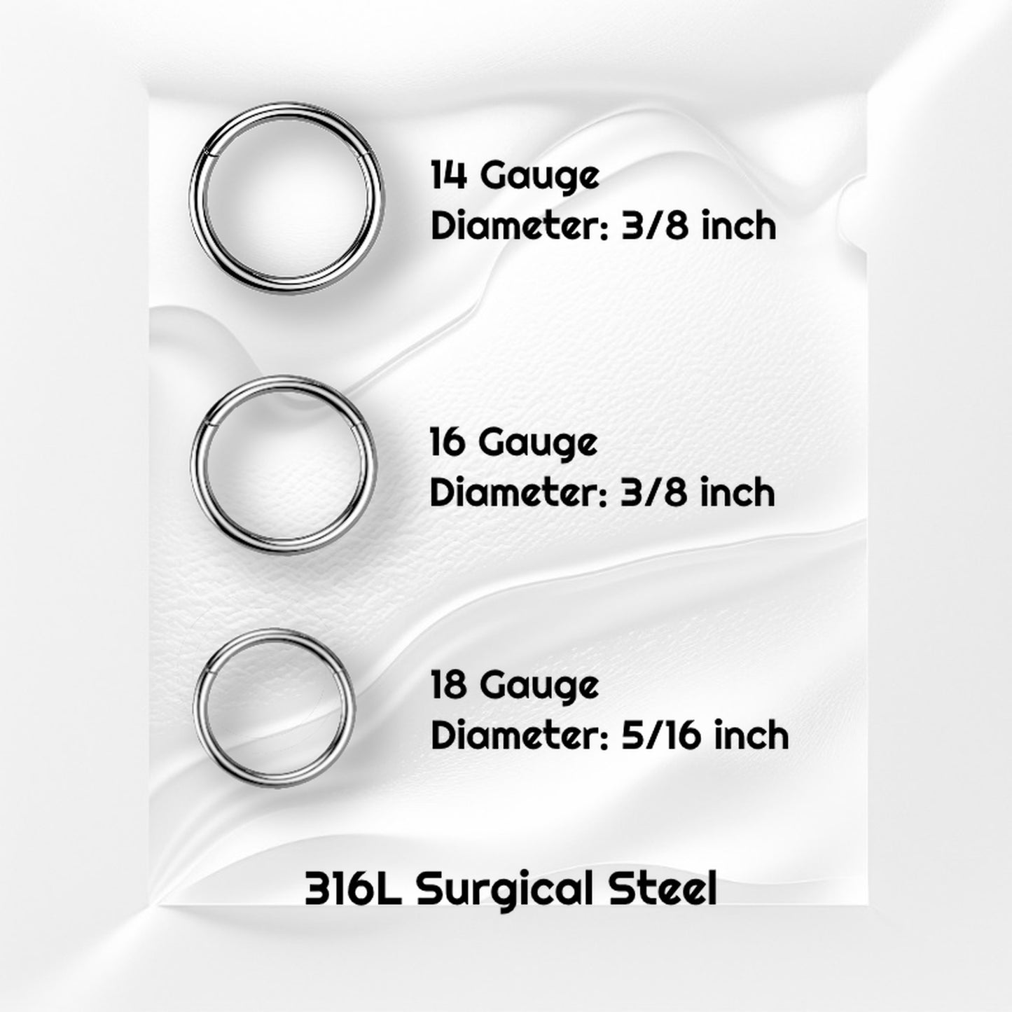Hinged Segment Septum Ring 316L Surgical Steel 18G 16G 14G info graphic with black text stating the sizes and material of these septum rings.