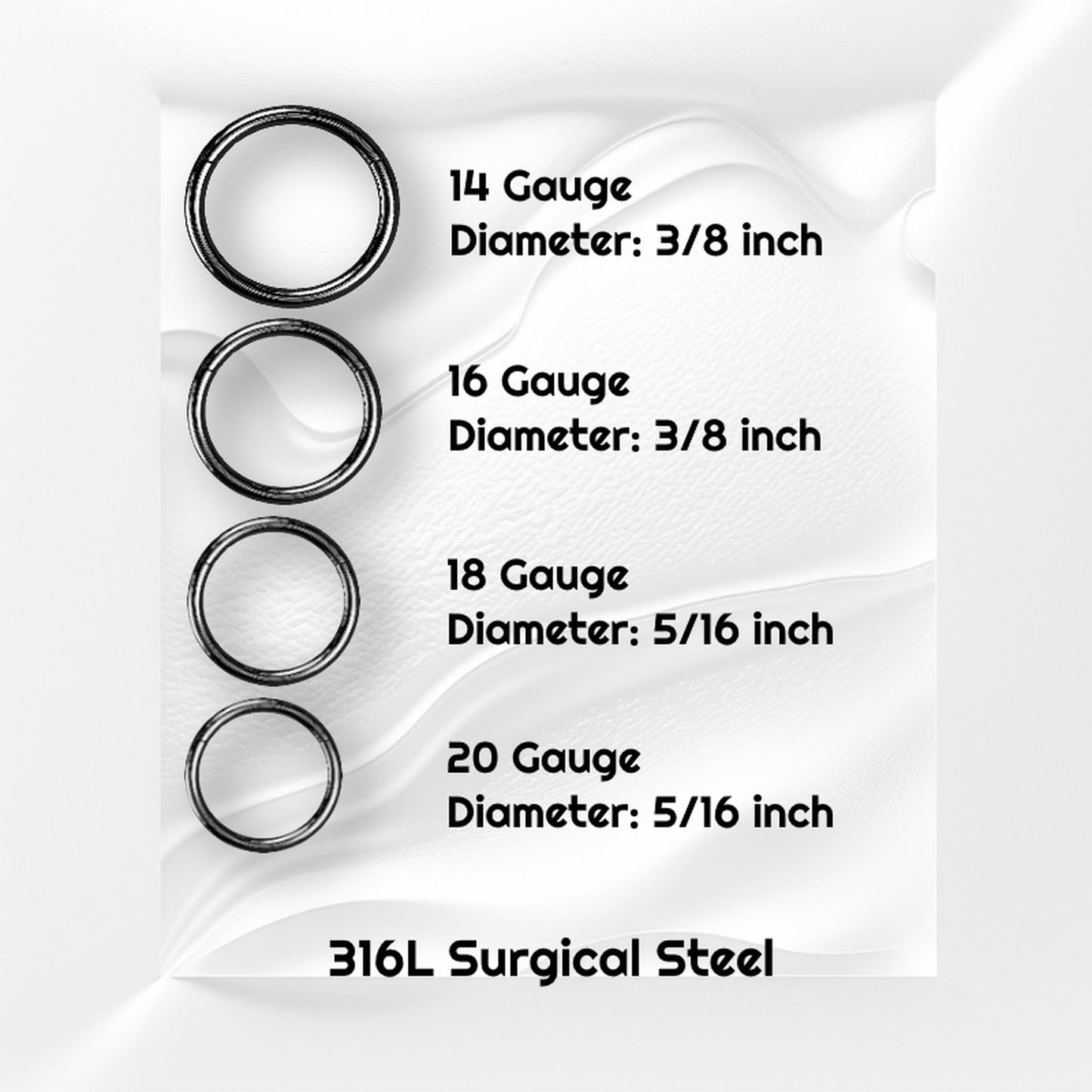 Black Hinged Segment Septum Ring 316L Surgical Steel 20G 18G 16G 14G info graphic pictured on a gray wavy background with black text stating the sizes and material.