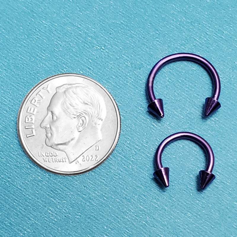 Two sizes of a surgical steel purple septum ring pictured on an aqua background next to a dime for a size comparison.