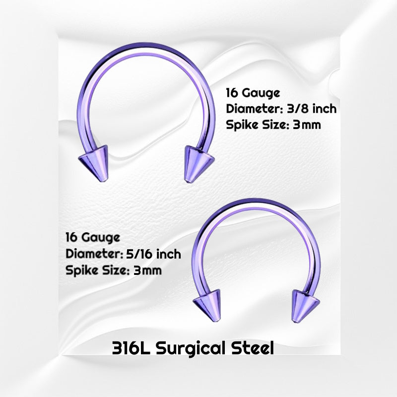 Two sizes of a surgical steel purple septum ring pictured on a white wavy background with black text stating the sizes of these pieces of septum jewelry.