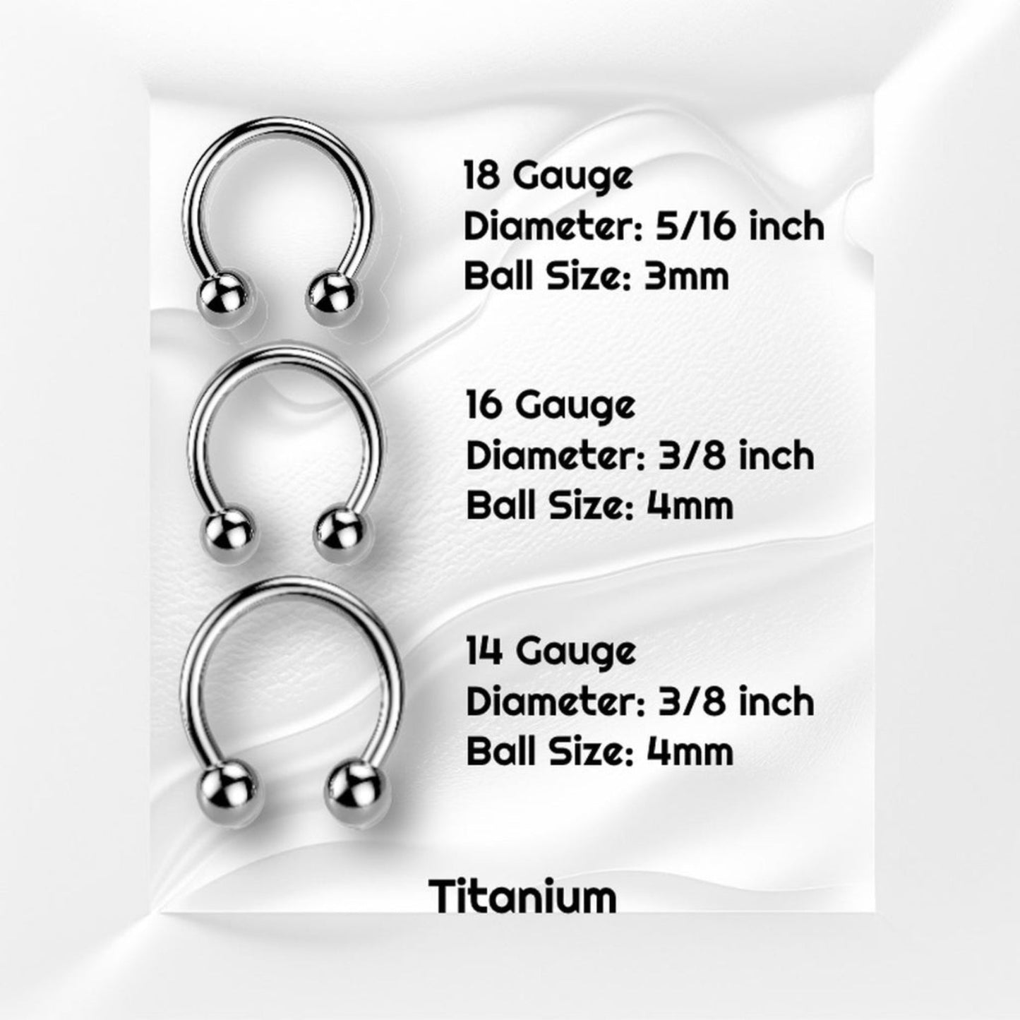 Three sizes of titanium horseshoe septum rings, 18 gauge, 16 gauge, and 14 gauge pictured against a gray wavy background.
