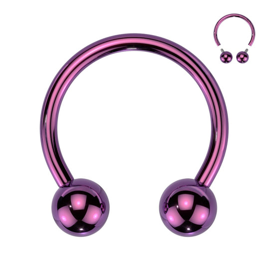 A titanium purple septum ring with a horseshoe barbell design that has a ball on each end pictured against a white background.