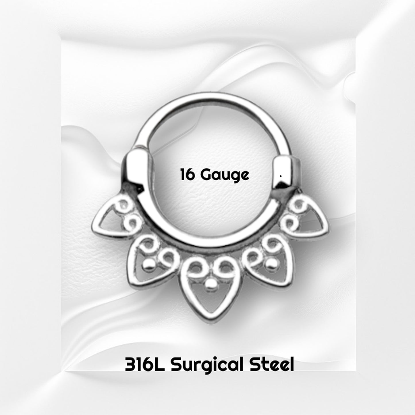 Tribal Fan Septum Clicker 16 Gauge 316L Surgical Steel pictured on a white wavy background with black text showing the size and material.