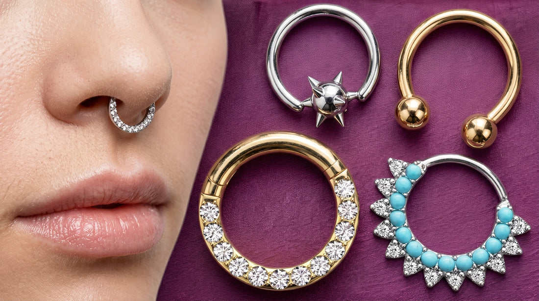 A composite image showcasing various septum piercing jewelry styles. On the left, a person wears a silver clicker hoop paved with clear crystals. To the right, four pieces are displayed on a purple background.