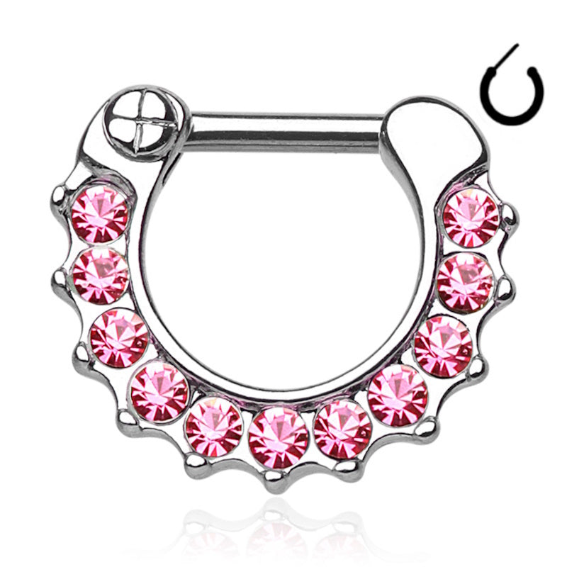 A 14 gauge septum clicker featuring pink cubic zirconias around three sides pictured against a white background.