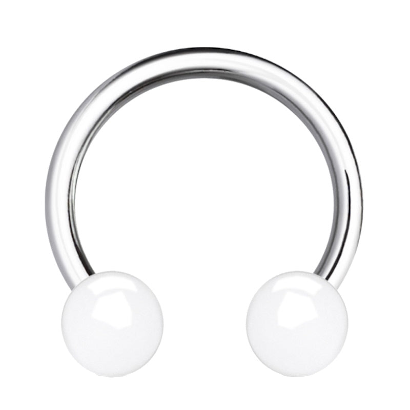 A 16 gauge horseshoe septum ring featuring a surgical steel horseshoe design with a white acrylic ball on each end pictured against a white background.