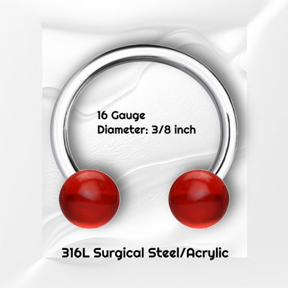 A 16 gauge septum horseshoe pictured on a white wavy background with black text stating the size of this piece of septum jewelry.