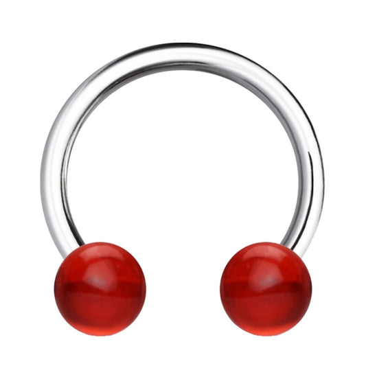 A 16 gauge septum horseshoe featuring a surgical steel horseshoe design that has a red acrylic ball on each end pictured against a white background.