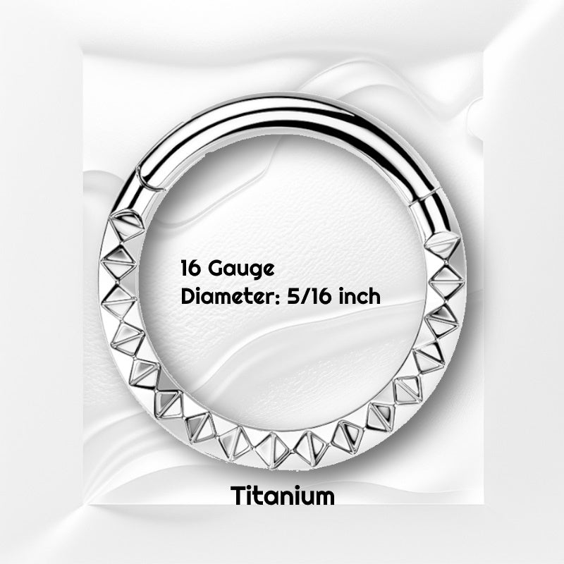 A 16 gauge septum ring with a white wavy background and text showing the size of the jewelry in black.