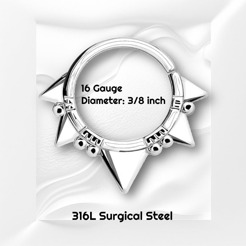 A 16 gauge triangle septum ring pictured on a white wavy background with black text stating the size of the jewelry.