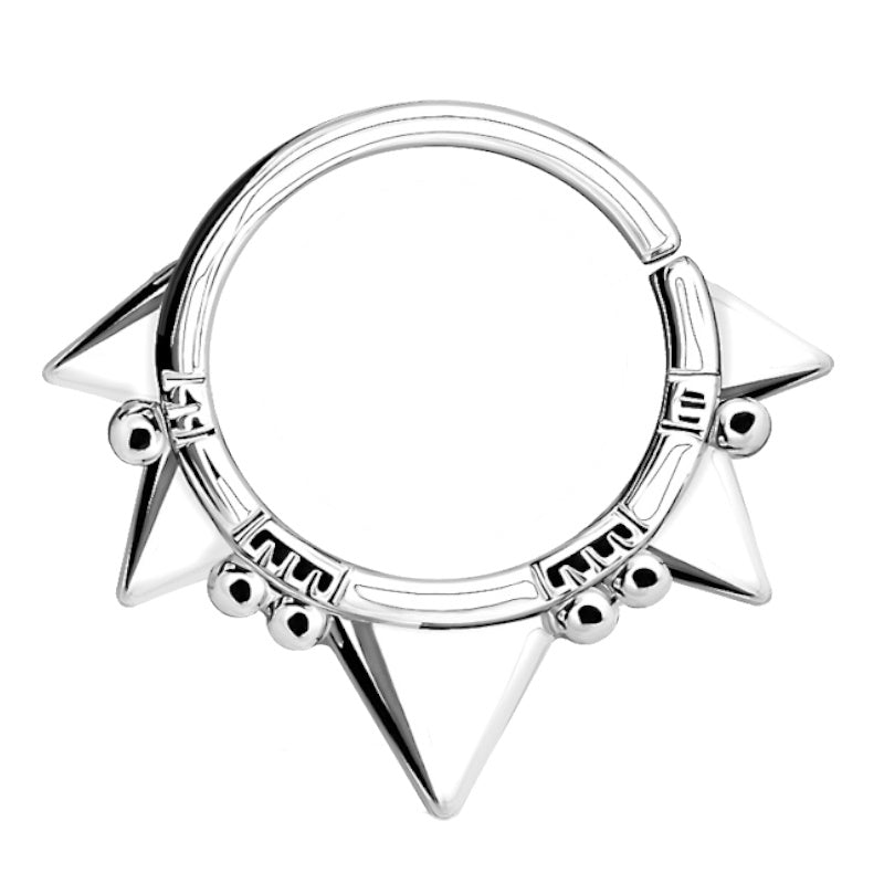 A 16 gauge triangle septum ring featuring triangles with beads between them lined around the bottom half of a bendable hoop pictured against a white background.