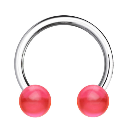 A 16g horseshoe septum ring featuring a surgical steel horseshoe design with a pink acrylic ball on each end pictured against a white background.