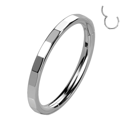 A 16g titanium septum hoop hinged segment ring featuring outward facing rectangular facets pictured against a white background.