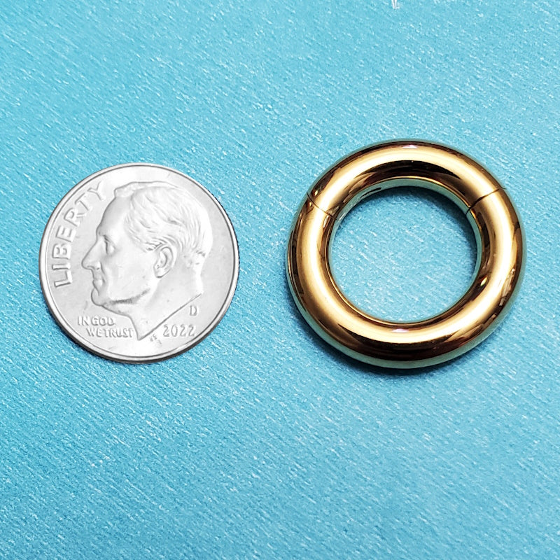 A 6 gauge segment ring pictured on an aqua background next to a dime for a size comparison.