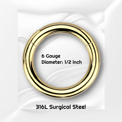 A 6 gauge segment ring with a white wavy background and text showing the size of the jewelry in black.