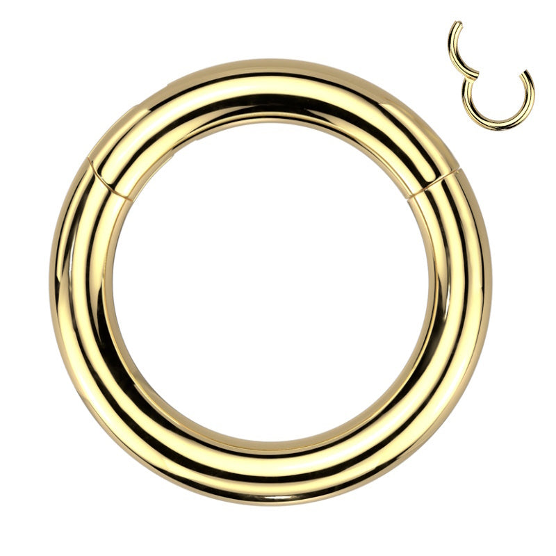 A gold plated 6 gauge segment ring with a hinged segment closure pictured against a white background.