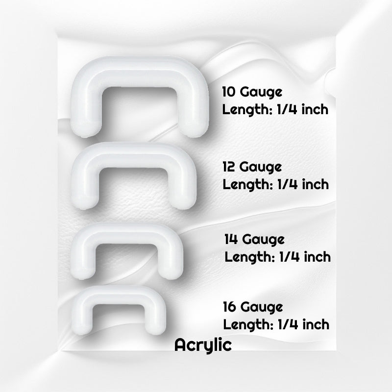 Four sizes of acrylic clear septum retainers pictured against a white wavy background and text showing the size of each piece in black.