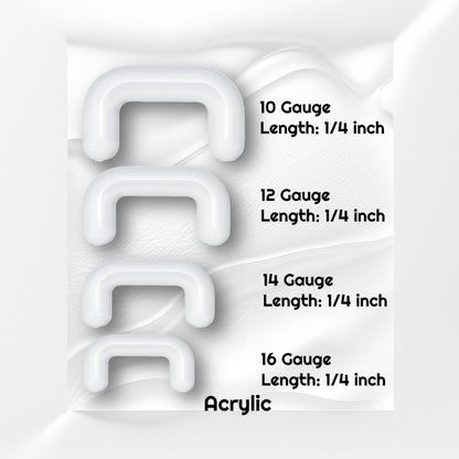 Four sizes of acrylic clear septum retainers pictured against a white wavy background and text showing the size of each piece in black.