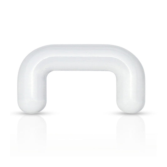 A staple shaped acrylic clear septum retainer pictured against a white background.