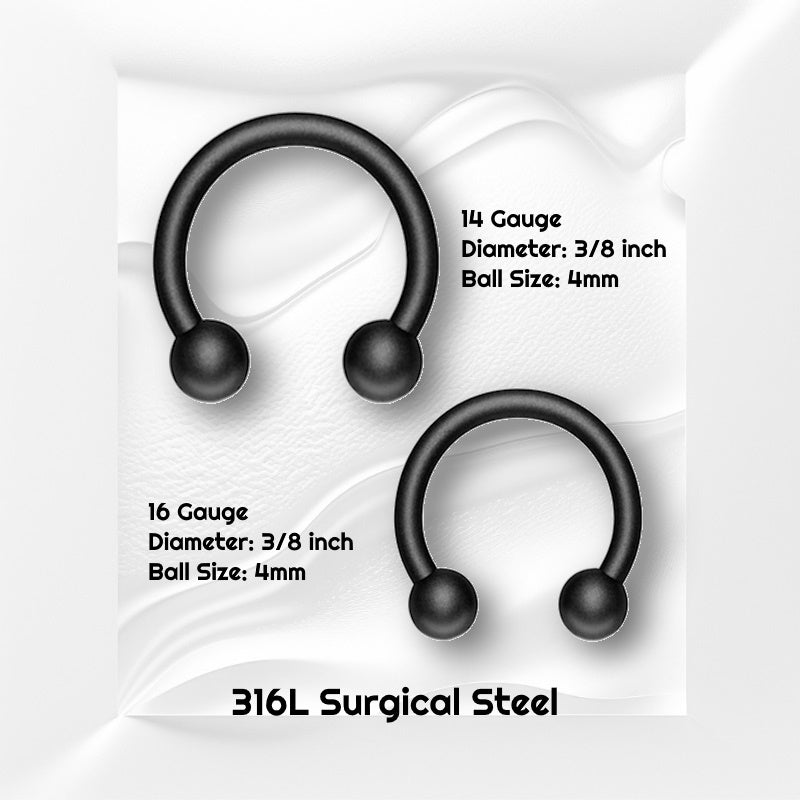 Two sizes of black horseshoe septum rings pictured against a white wavy background and text showing the size of each piece in black.