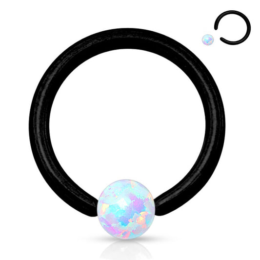 A black opal captive septum ring that features a black captive ring with an opal bead closure pictured against a white background.