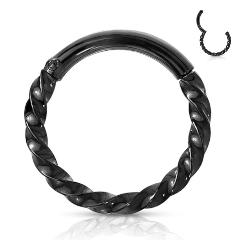 A black septum nose ring featuring a twisted hoop design pictured against a white background.