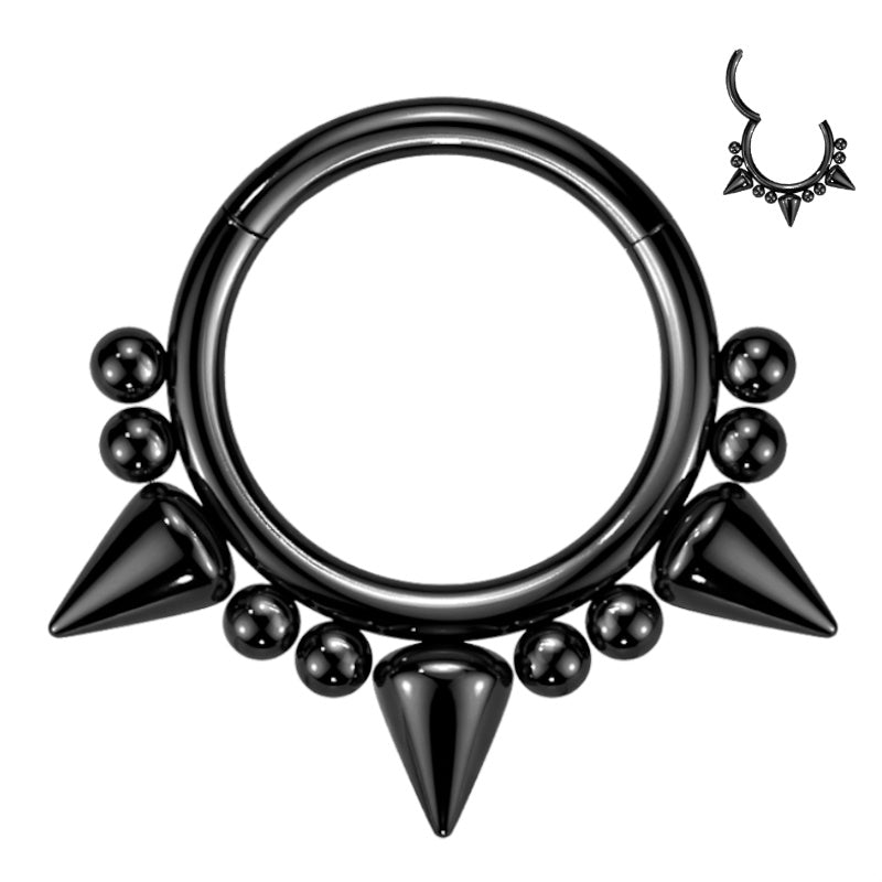 A black spike septum ring featuring 3 spikes and 8 beads pictured against a white background.