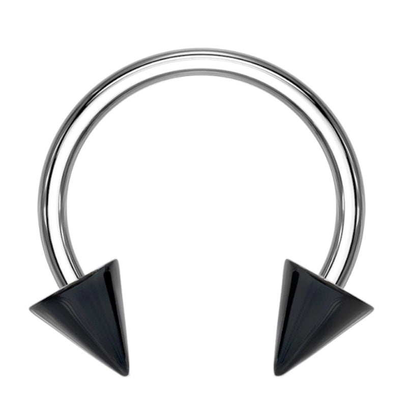 A black spiked horseshoe septum ring featuring a circular barbell design with a black spike on each end pictured against a white background.