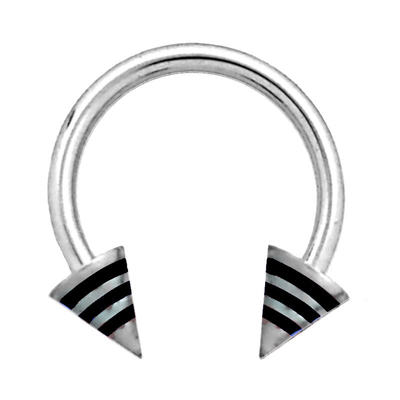 Stripe Spike Septum Ring 16 Gauge 316L Surgical Steel with Black stripes and white background.