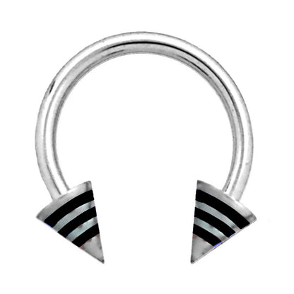 Stripe Spike Septum Ring 16 Gauge 316L Surgical Steel with Black stripes and white background.