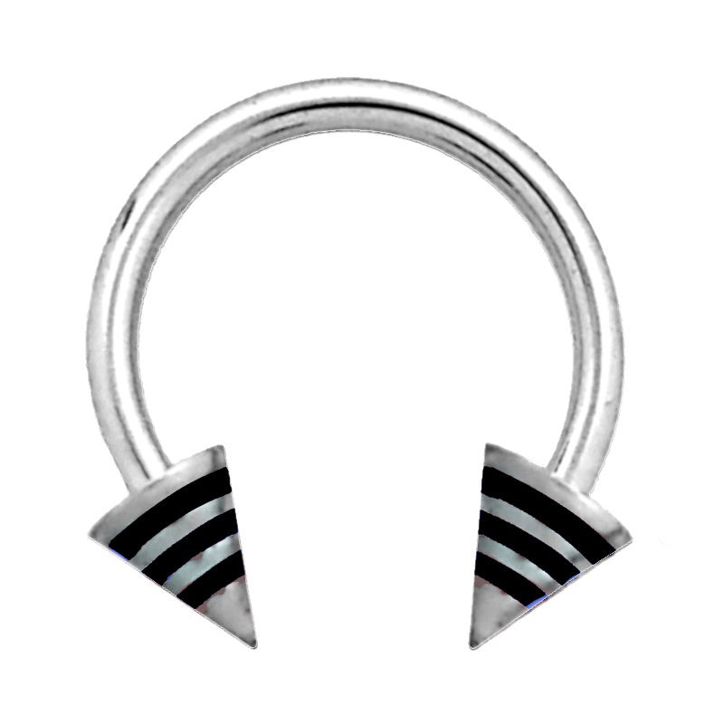 A black stripe spike septum horseshoe featuring a circular barbell design with a spike on each end that has 3 black stripes pictured against a white background.