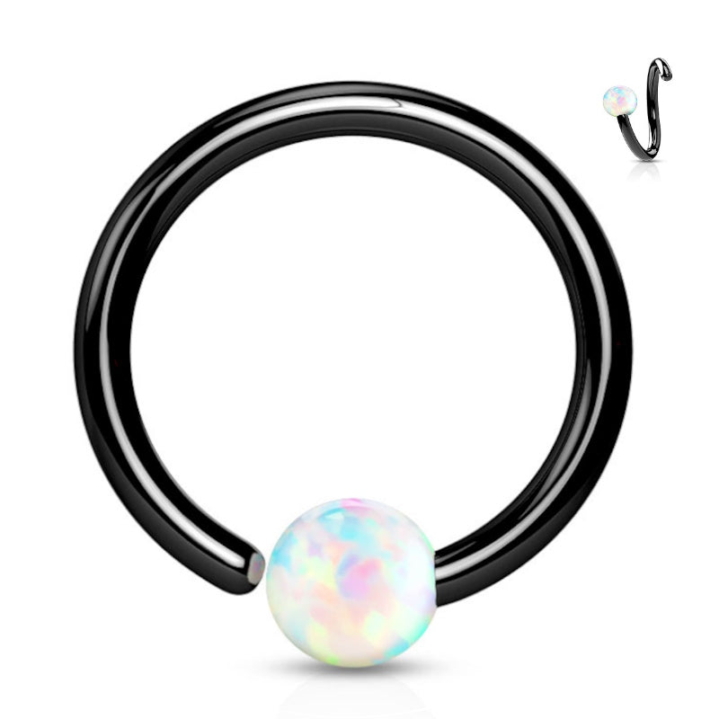 A black surgical steel septum ring featuring a synthetic white opal fixed on a bendable black ring pictured against a white background.