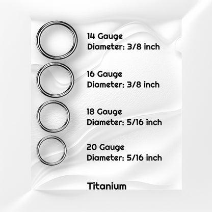 Black Hinged Segment Septum Hoop ASTM F136 Titanium 20G 18G 16G 14G picture on a gray wavy background with black text stating the sizes and material.