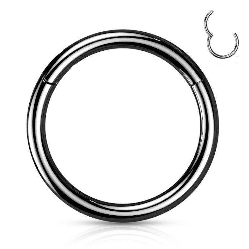 A black titanium septum ring featuring a clicker style design pictured against a white background.