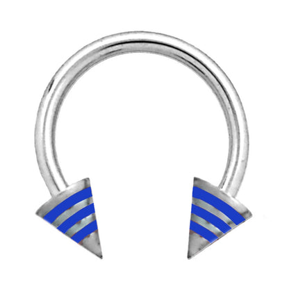 Stripe Spike Septum Ring 16 Gauge 316L Surgical Steel with B;ie stripes and white background.