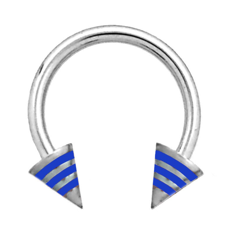 A blue stripe spike septum horseshoe featuring a circular barbell design with a spike on each end that has three blue stripes pictured against a white background.