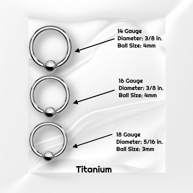 Captive Bead Septum Ring ASTM F136 Implant Grade Titanium 18G 16G 14G info graphic with black text showing the sizes and material.