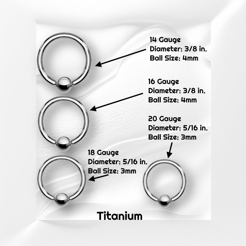 Four captive bead titanium septum rings pictured on a white wavy background with black text stating the size of the jewelry pieces.