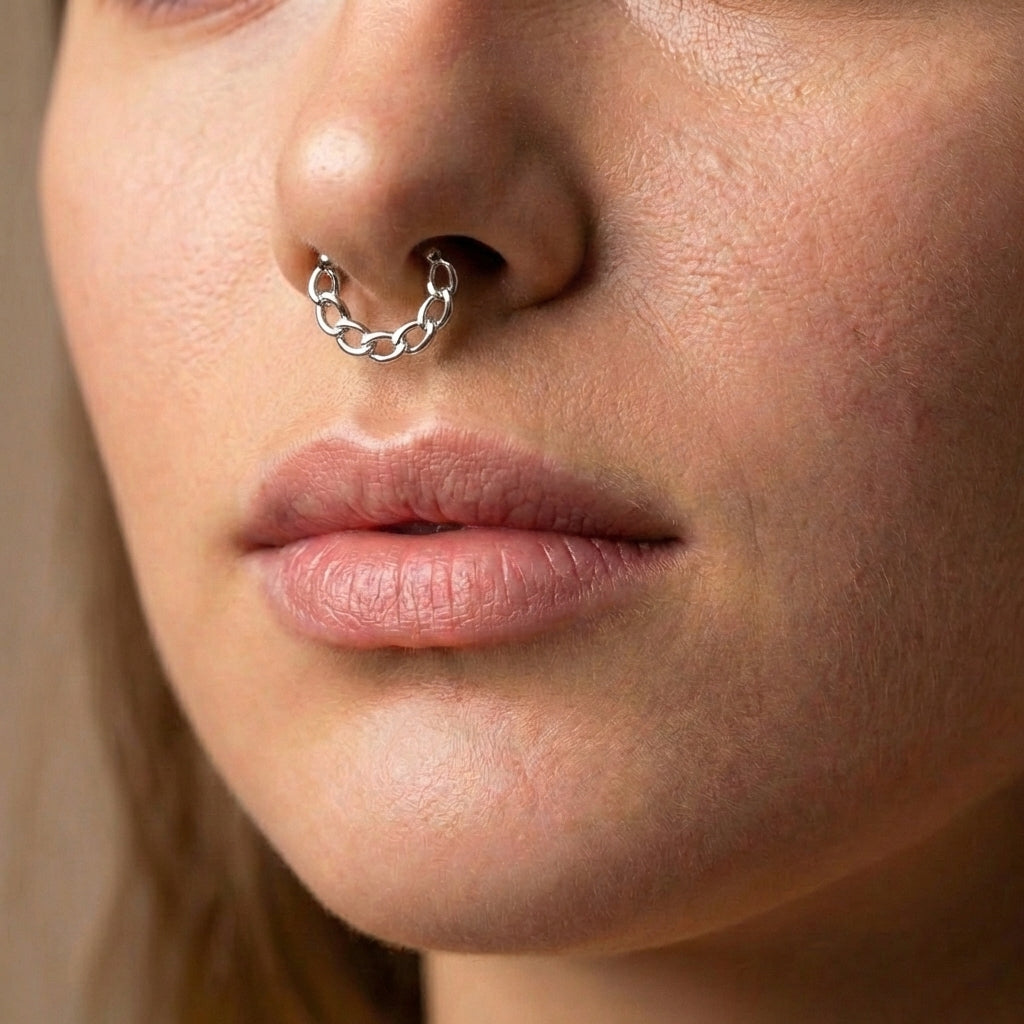 Chain septum clicker in surgical steel silver color on a female model.