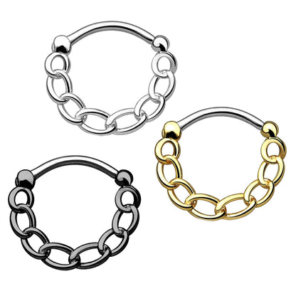 Three chain-link septum clickers in silver, dark gray, and gold on a white background