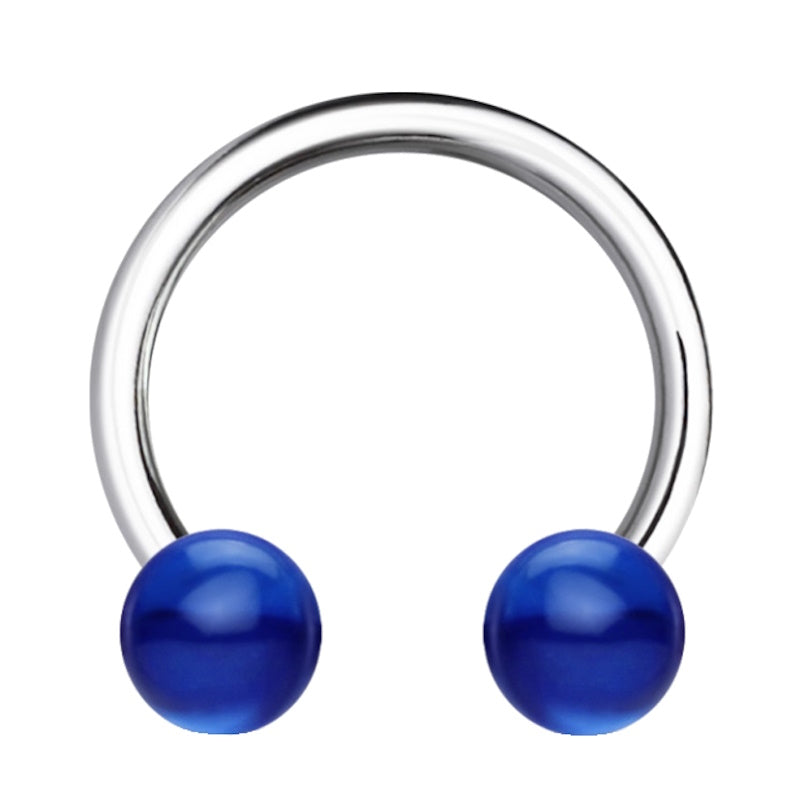 A circular barbell septum piercing ring featuring a horseshoe shape with a blue acrylic ball on each end pictured against a white background.