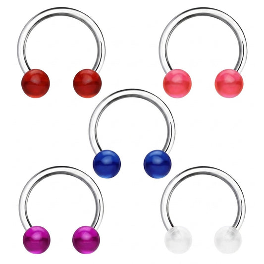 5 Color Ball Horseshoe Septum Rings 16 Gauge 316L Surgical Steel Acrylic in red, pink, blue, clear, and purple all on a white background.