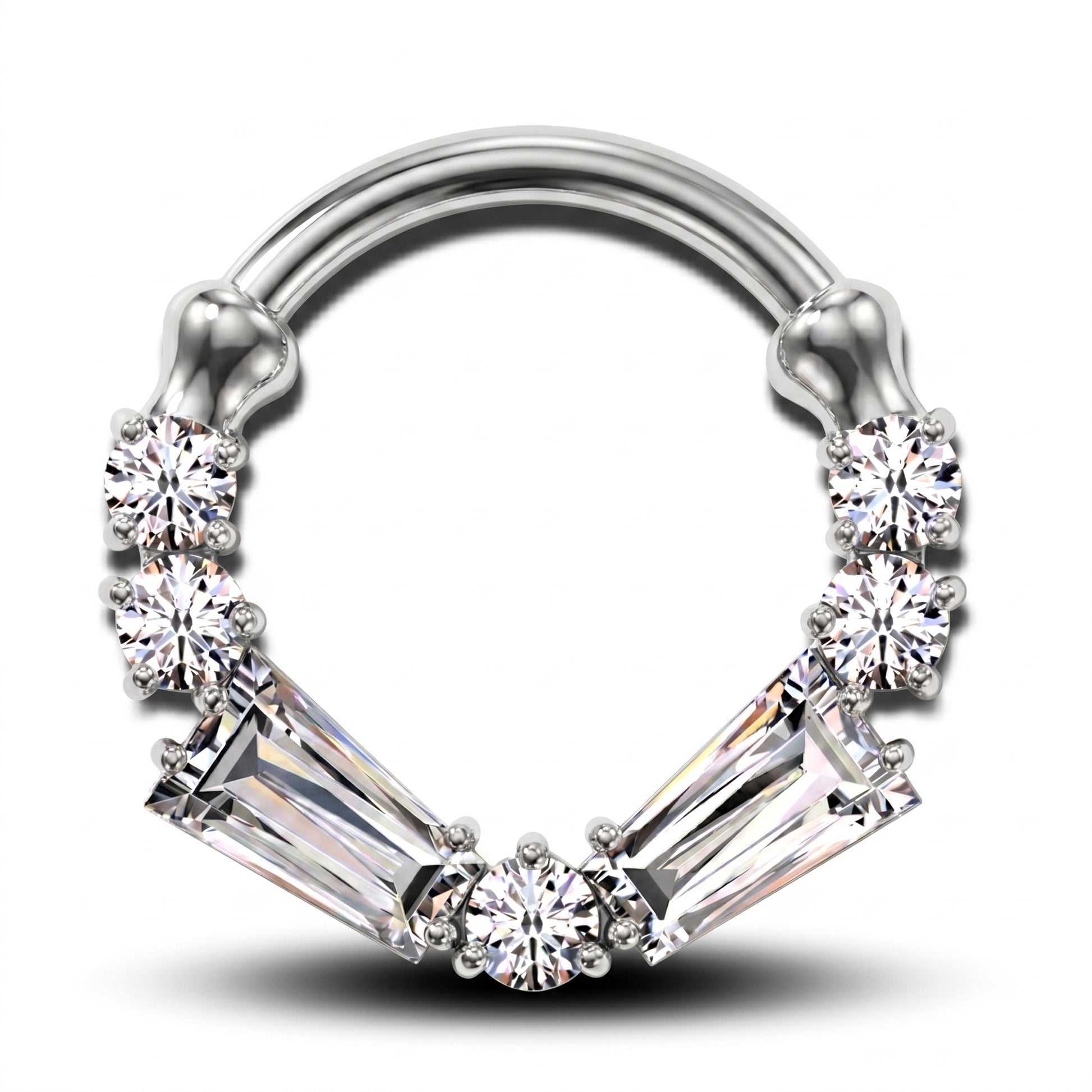 Cubic Zirconia segment Ring with 2 baguette and 5 round cuts pictured against a white background.