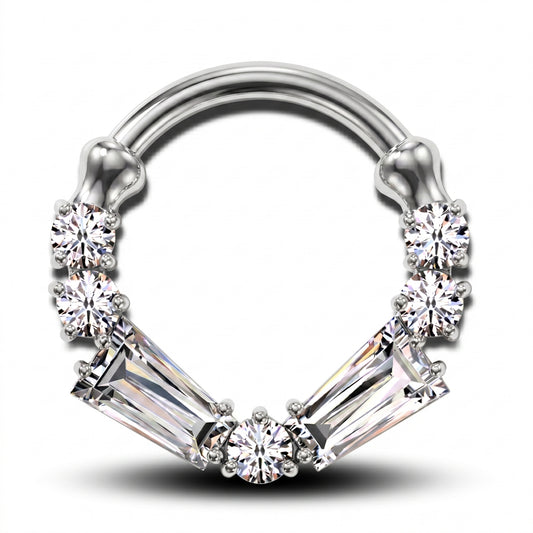 Cubic Zirconia segment Ring with 2 baguette and 5 round cuts pictured against a white background.